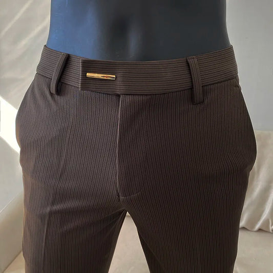 Spring Trousers for Men Slim Fit Straight Leg High-end Feel Business Casual Pants Striped Elegant Formal Dress Long Pants