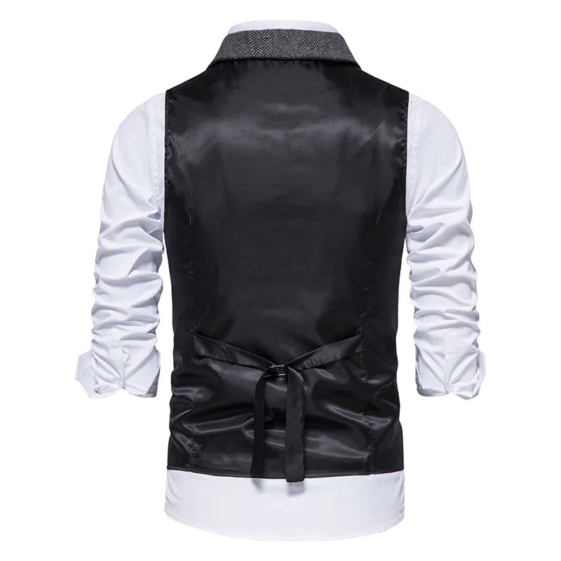 Tailored Collar Vest for Men Single Breasted Herringbone Tweed Suit Vest Mens Formal Striped Waistcoat Punk Groomsmen Wedding