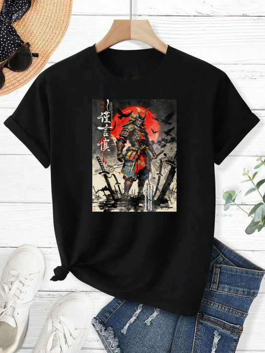 100% pure cotton short sleeved T-shirt Samurai Warrior Standing With Sword Red Moon Background Japanese Calligraphy Artwork Traditional Style Design Easy to wear and match, comfortable and fashionable, suitable for all season
