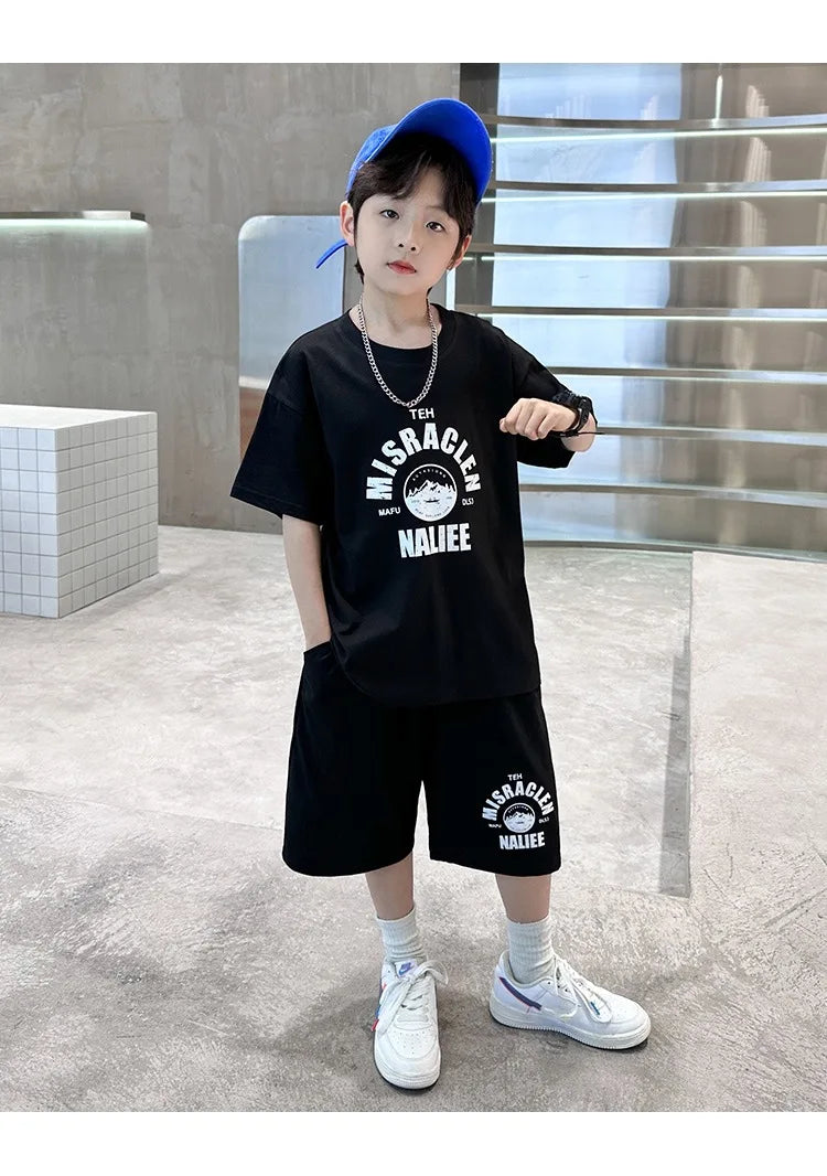 Summer Boys Cotton Leisure Print T-Shirt Top+Shorts Pant Contrast Set School Kids 2PCS Tracksuit Children Vacation Outfit 5-16Yr