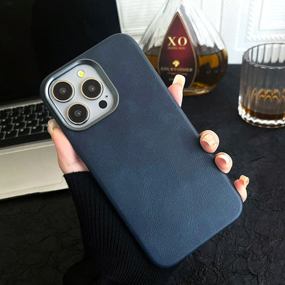Premium Vintage Leather Magnetic Phone Case for IPhone 16 14 13 15 Pro Max Wireless Charging Alloy Camera Shockproof Back Cover