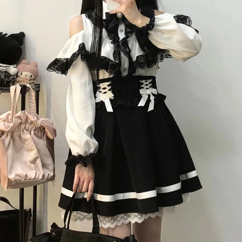 Japanese Gothic Y2k Lolita Skirt Women Elegant Sweet Lace Ruffles Ribbon Bandage Mini Skirts Girls Sexy Cute Punk Party Skirt