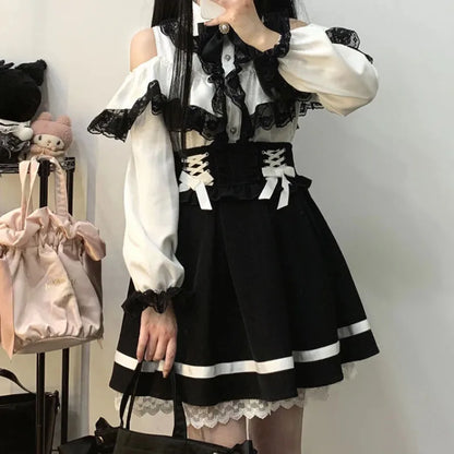 Japanese Gothic Y2k Lolita Skirt Women Elegant Sweet Lace Ruffles Ribbon Bandage Mini Skirts Girls Sexy Cute Punk Party Skirt