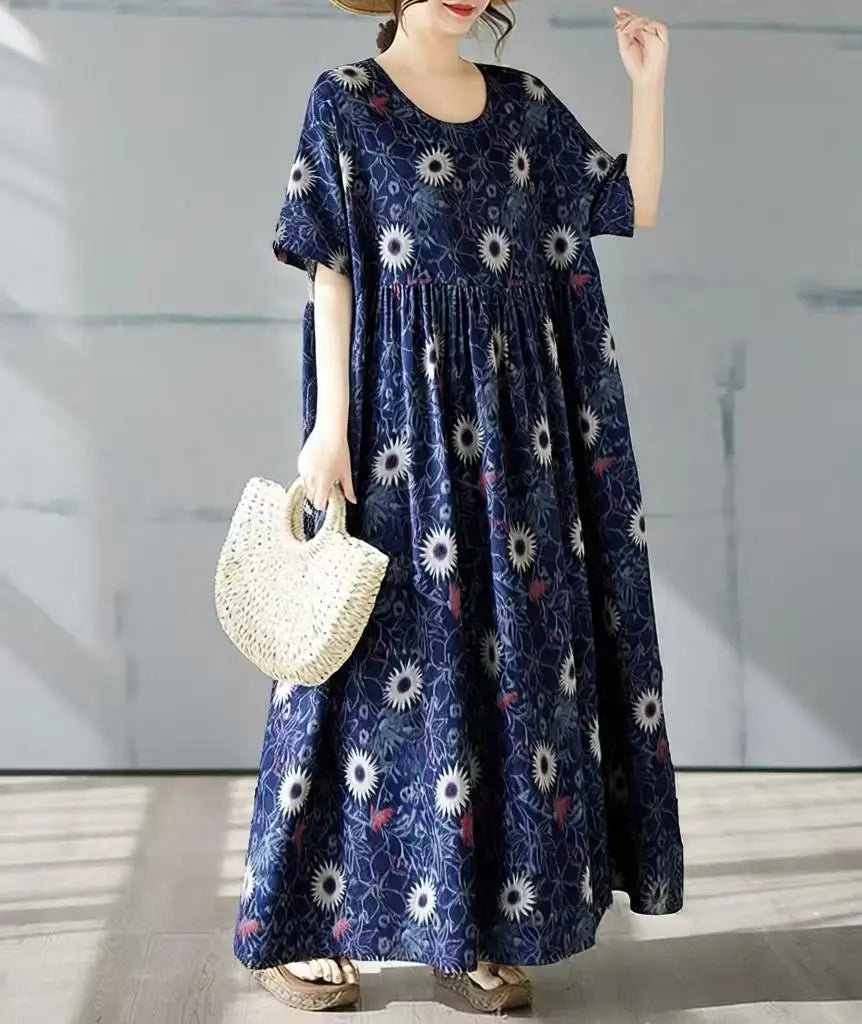 Robe Plus Size 100KG Summer Dress Women Floral Loose Vestidos Para Mujer Casual Maxi Print Cotton Linen Oversized BOHO
