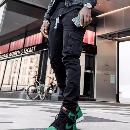 Men Jeans Pants Wash Solid Color Multi Pockets Denim Mid Waist Cargo Jeans Plus Size Fahsion Casual Trousers Male Brand Blue