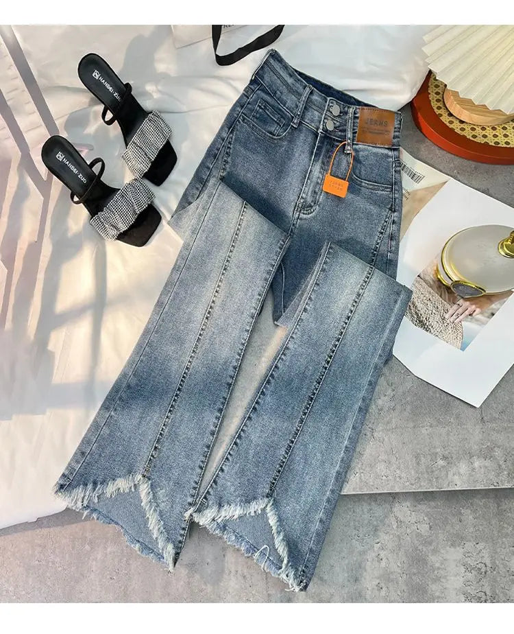 Women Autumn Y2K Slim Flared Denim Trouser Raw Edge Vintage Sexy Minimalist Pant Grunge High Waist Solid High Street Retro Jeans