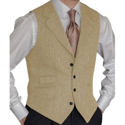 Men Vest Brown Classic Herringbone Pattern Suit Vest Notch Lapel Waistcoat Slim Formal For Wedding Groomsmen Banquet Men Suit