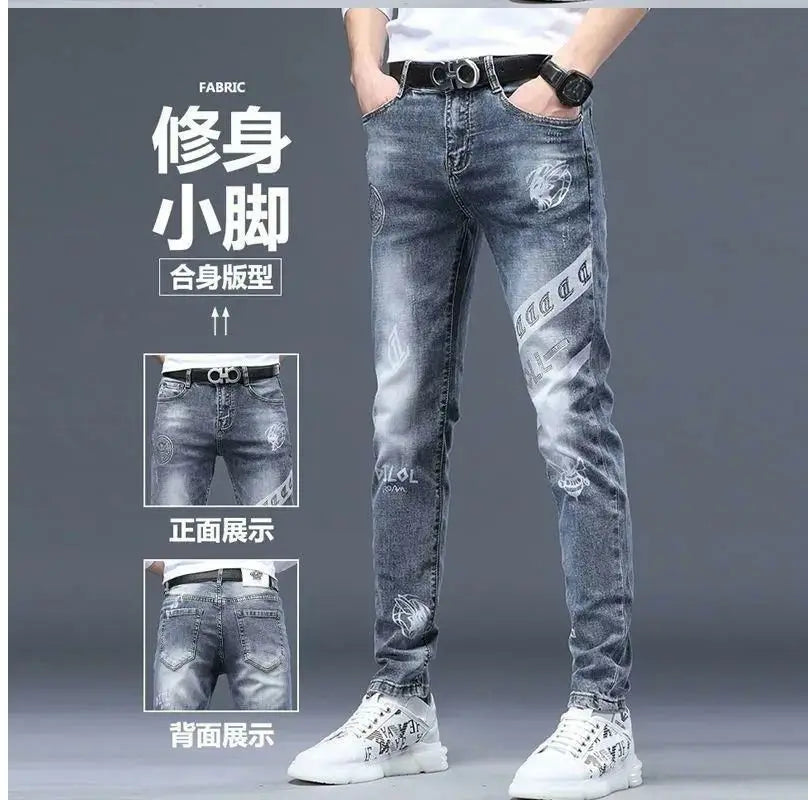 High End Stylish Classic Distinctive Printed Black Stretch Denim Jeans for Men High Quality Slim Fit Stretch Luxury Denim Pants