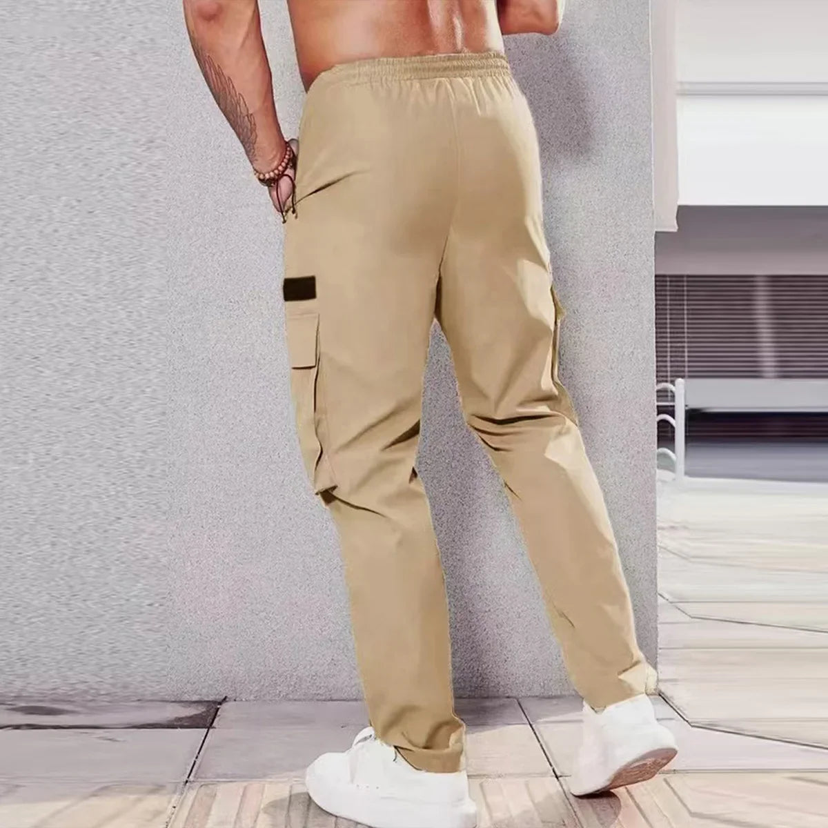 Men's Spring/Summer New Multi-pocket Quick-dry Straight-leg Cargo Pants, Waterproof Fabric with Drawstring Design