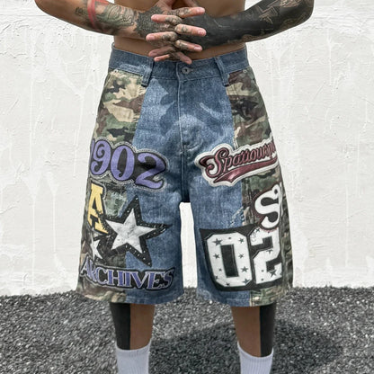Hip Hop Camouflage Letter Embroidery Loose Fit Five Pocket Mens Streetwear Short Pants Cotton Denim Patchwork Women Shorts