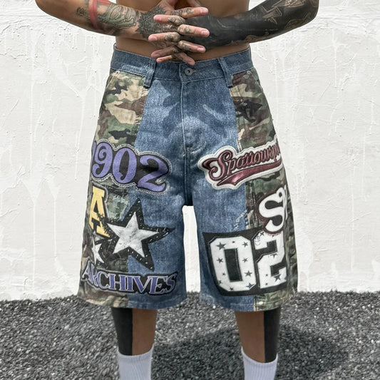 Hip Hop Camouflage Letter Embroidery Loose Fit Five Pocket Mens Streetwear Short Pants Cotton Denim Patchwork Women Shorts