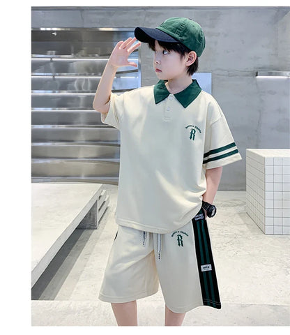 Boys Set Summer Children Clothing Korean Style Costumes Cotton Polo Shirt Shorts 2pcs Kids Casual Outfits Tracksuit Age 5-14 Y