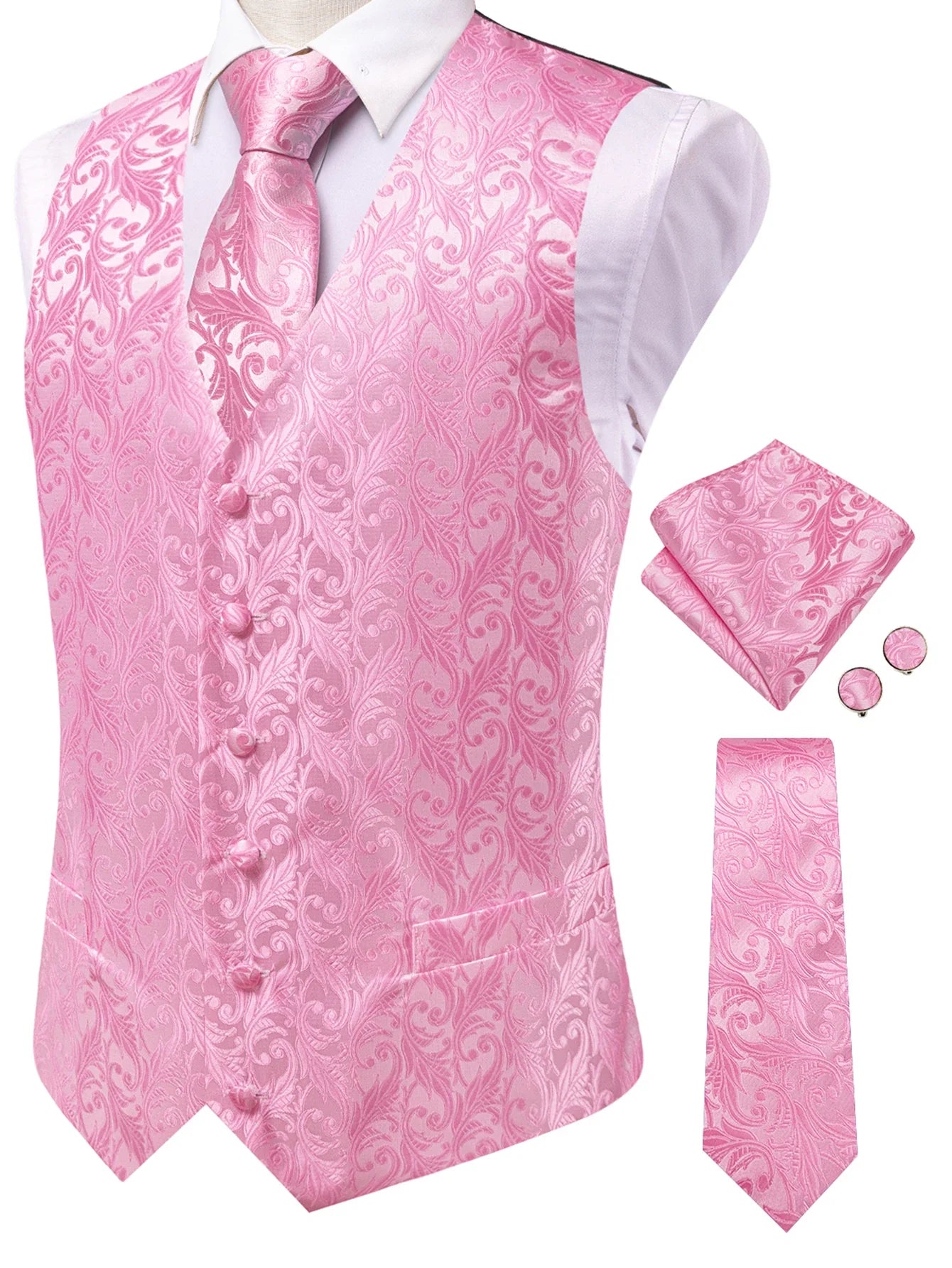 Men's Classic Floral Vest & Tie Hanky Cufflinks Set – Waistcoat for Weddings Events Party Gift