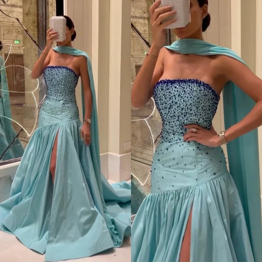 Customized Prom Dresses Sexy Strapless Mermaid Evening  Beading Beaded s Formal Occasion Gown vestido de festas longo casamento