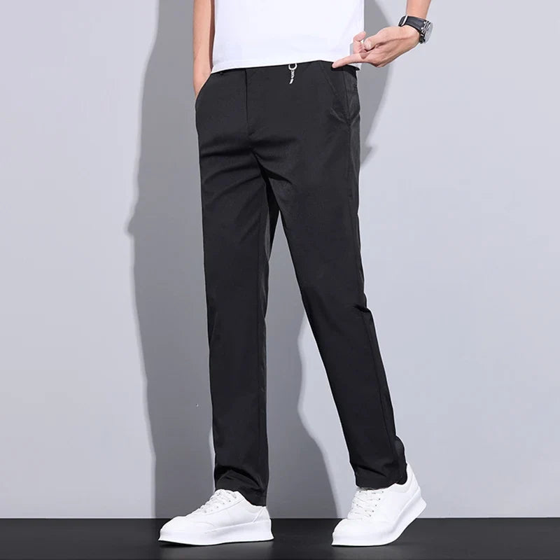 Spring Summer Thin Men's Slim Casual Pants Solid Color Elastic Waist Soft Breathable Business Straight Trousers Black Beige Gray