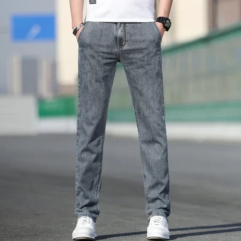 2024 Summer New Men's Loose Stretch Gray Jeans Fashion Casual Stretch Straight-leg Denim Pants Male Light Blue Brand