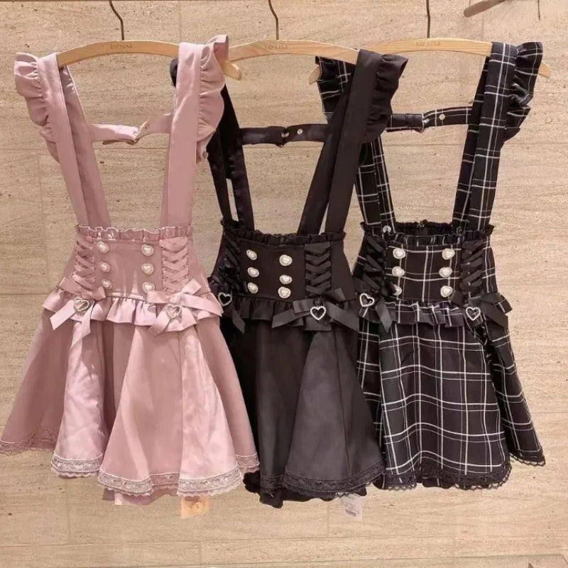 Japanese Gothic Lolita Ribbon Short Suspender plaid Skirt Girls Sweet Cute Lace A-Line Mini Skirts summer2026 black solid kawaii