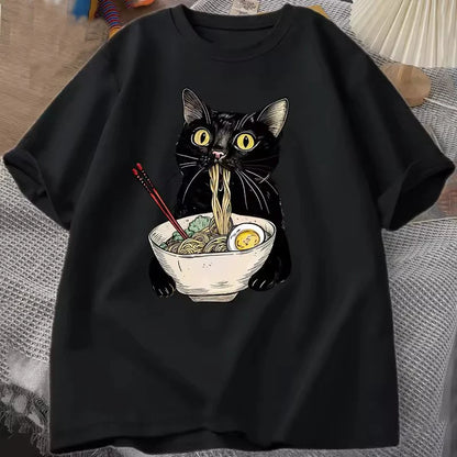 Cotton Noodle Ramen Cat T Shirt Foodie Lover T Shirts Black Cat  T-Shirts Retro Casual Short Sleeve Tshirt Men Women Clothes