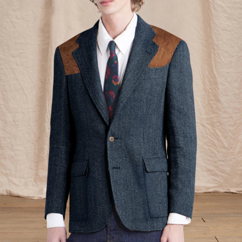 Vintage Men's Herringbone Tweed Blazer Suede Shoulder Patch Notch Lapel Slim Fit Jacket Casual Business Suit Sport Coat for Men