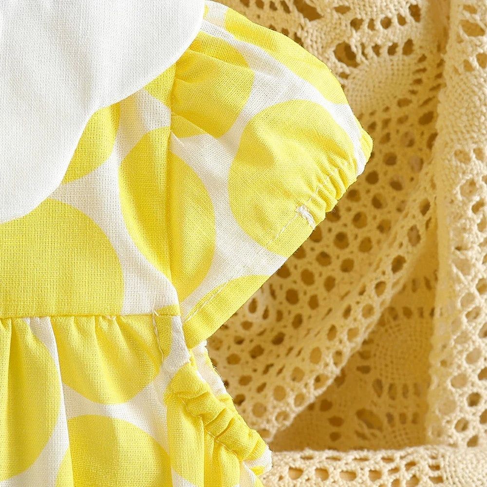 2-8Y Toddler Girls 100% Cotton Yellow Polka Dot Dress Peter Pan Collar Summer Casual Sundress