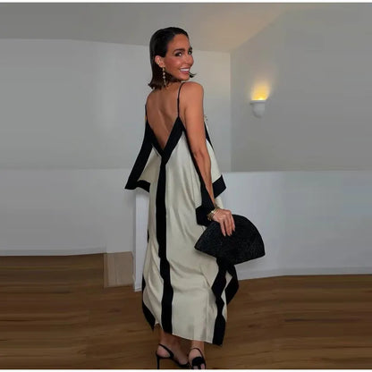 Contrast Black Trim Satin Maxi Dress Deep V Neck Loose Flowy Ruffle Hem Lady Long Gown 2026 Summer Formal Chic Vacation Dresses