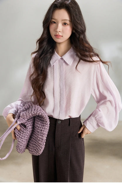 Women's Lapel Lantern Sleeve Shirts 2026 Spring Lace Trim Casual Loose Breathable Solid Shirt Office Lady MXF13C2436
