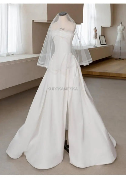 French Luxury White Satin Trailing Wedding Dresses for Bride 2026 Women Elegant Sexy Strapless Long Prom Party Dress Vestidos