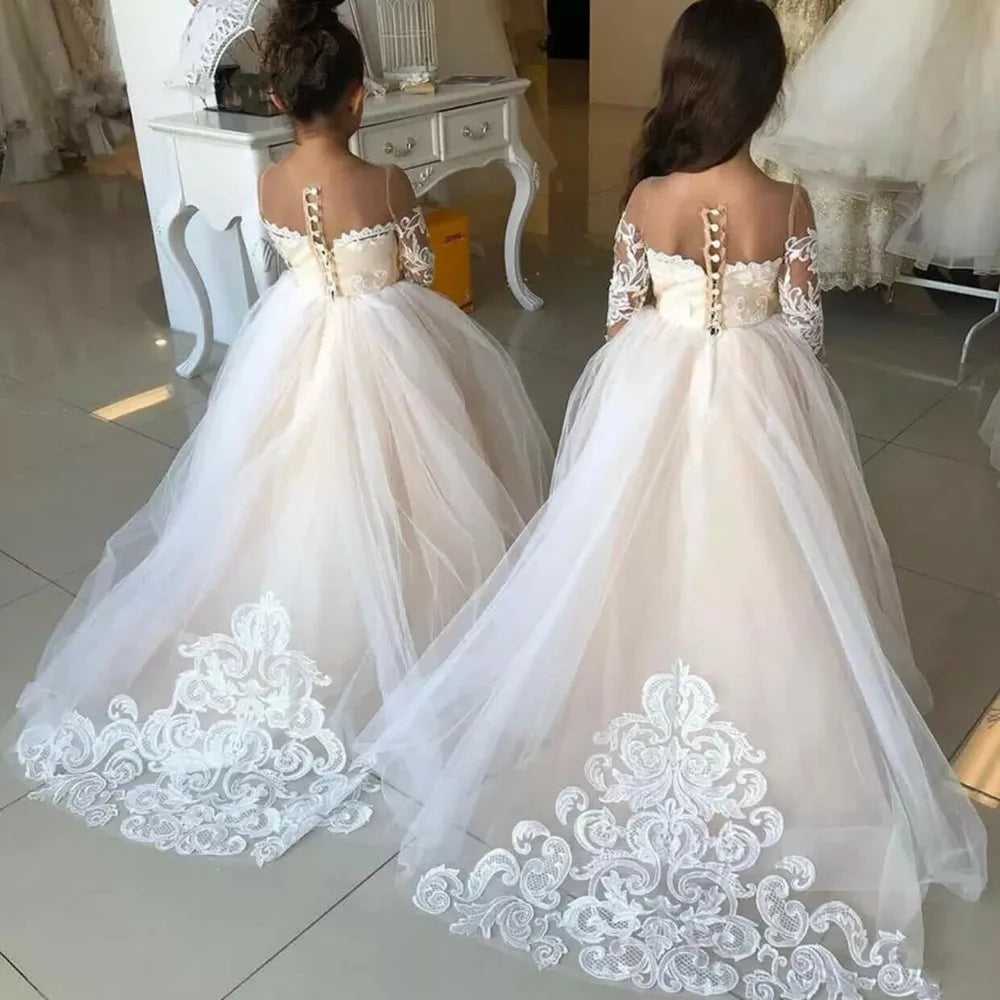 Cute Flower Girl Dresses for Wedding Big Bow Appliques Long Little Pageant Gowns Girls White Tulle First Communion Gowns