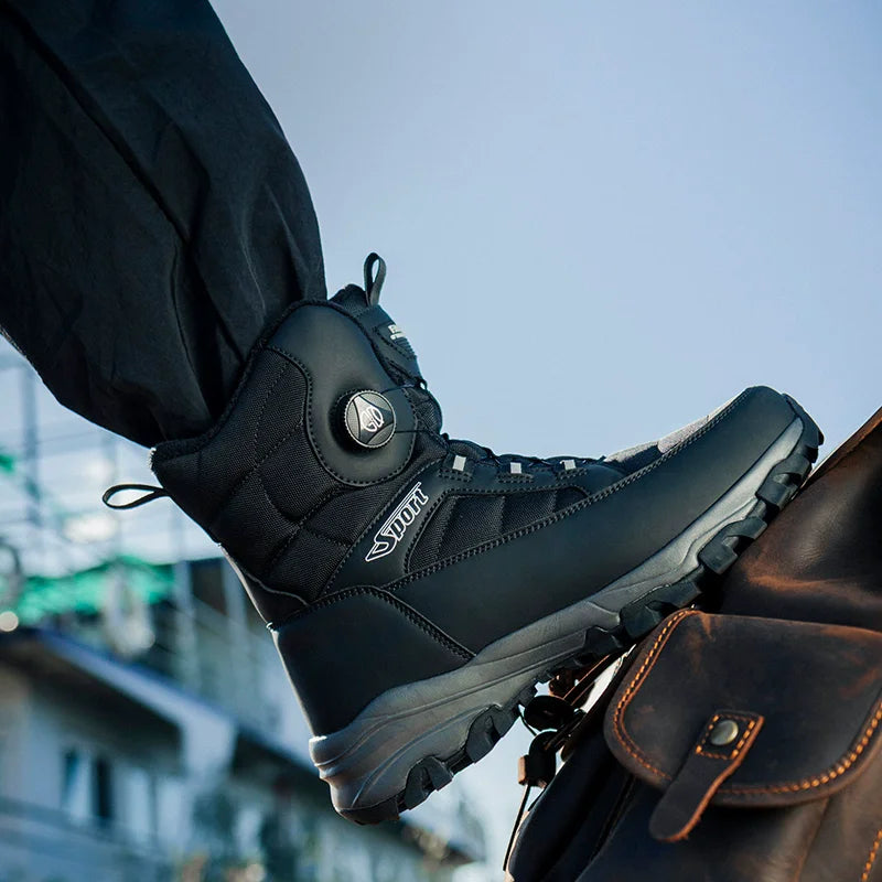 Rotating Button Men's Snow Boots Warm Plush Winter Boots Men Outdoors Cotton Shoes Wear resistant Mid-Calf Boots Platform Shoes