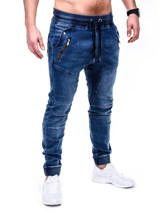 Men Jeans Pencil Pants Elastic Waist Drawstring Lace Up Pockets Washed Distressed Ankle Length Trousers 2025 Streetwear Denims