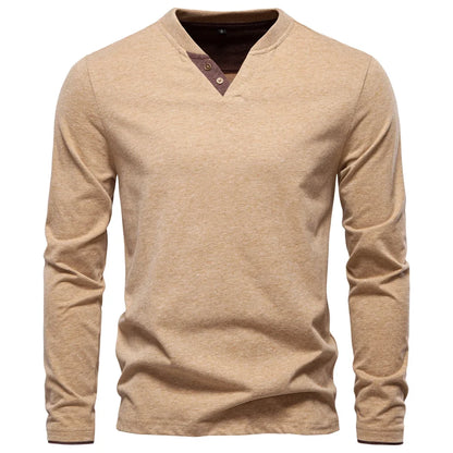 100% Cotton T-shirt Men Casual Solid Color Long Sleeve Sweater Autumn Fashion High Quality Henley Collar Mens T-shirts