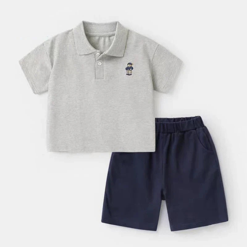 Boys' Short-Sleeved Suit New Children's Minimalist Polo Shirt+Matching Shorts Two-Piece Set Fashionable Clothing for Baby Boys