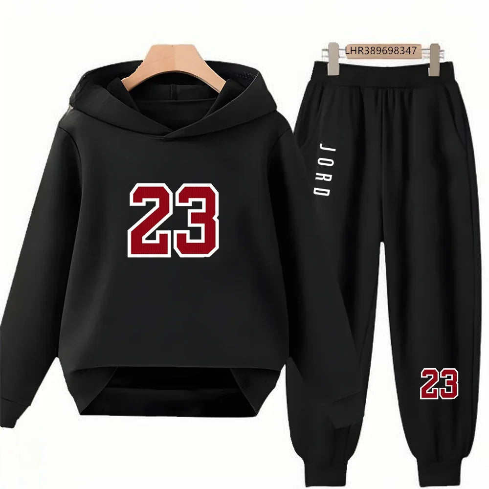 Black 3-12 Years Children's Hoodie+Pants Suit White Girl Sweatshirt Sets Boys Pants Suits Basketball Jersey Number 23 Clothing