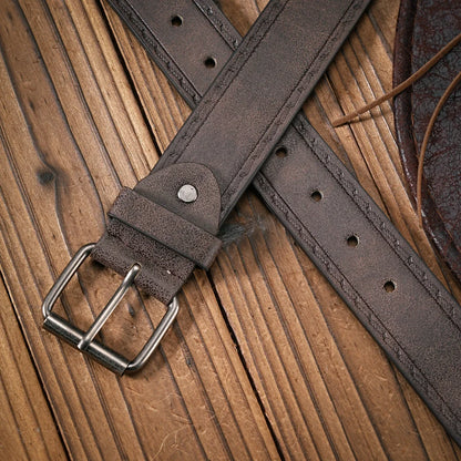 A Men's and Women's Matching Belt with Retro Button Closure, PU Faux Thread Embossed Belt, Casual Style, Versatile.