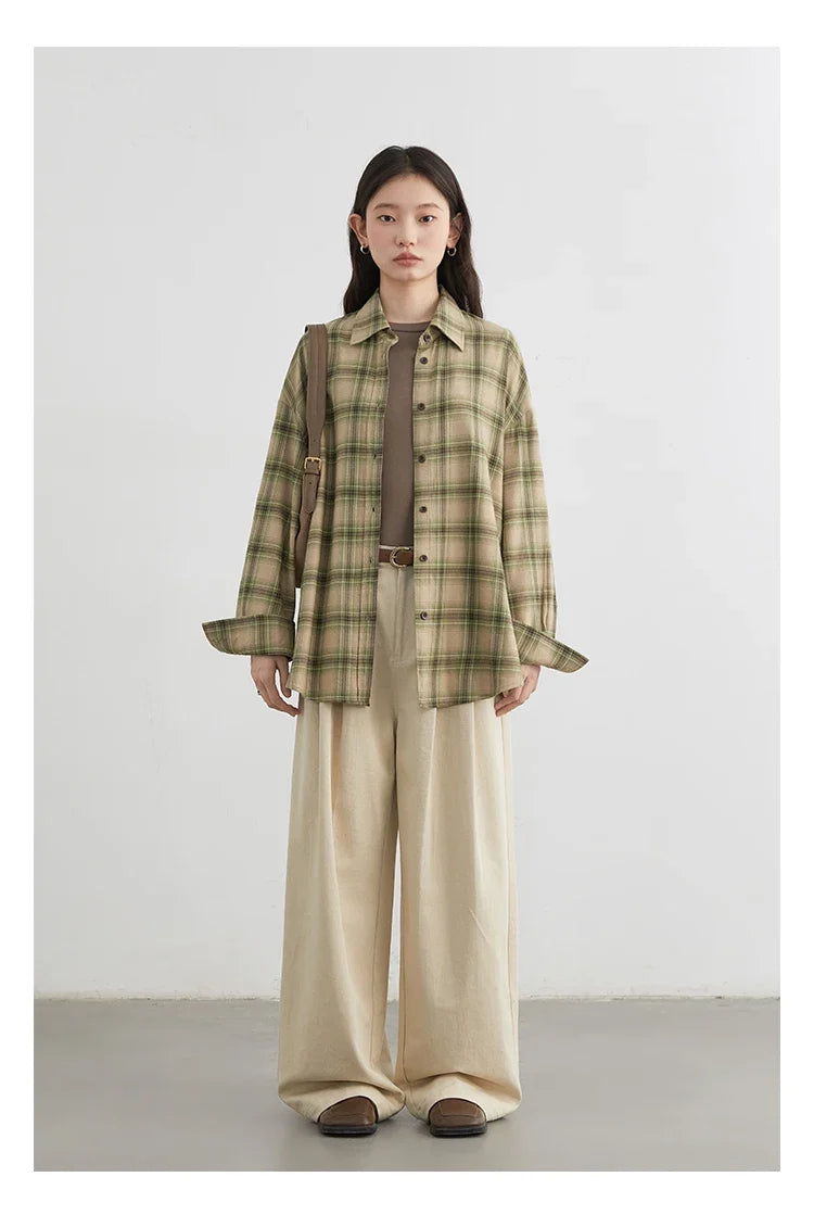 Women Shirts Loose Casual New Sanding Plaid Shirt Long Sleeve Medium Long Length Blouses Female Tops Spring Autumn 2025