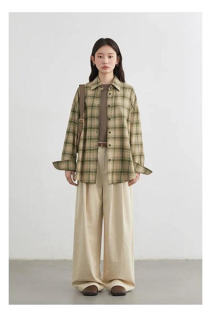 Women Shirts Loose Casual New Sanding Plaid Shirt Long Sleeve Medium Long Length Blouses Female Tops Spring Autumn 2025