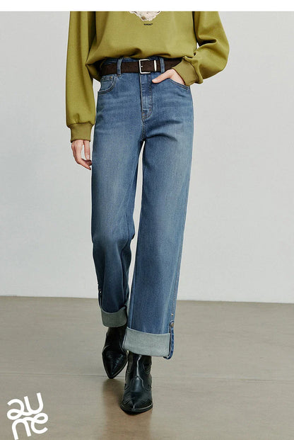 Women Denim Jeans 2025 Autumn New Lyocell Rolling Up Hem Elastic and Simple Straight Leg Ankle Length Pants