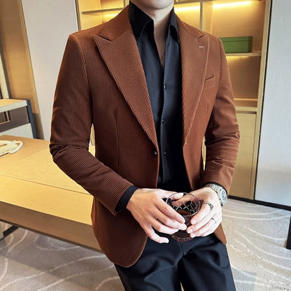 Stripe Suit Jacket For Men Autumn Winter Business Slim Fit Tailcoat Formal Wedding Party Fashion Casual Suit Coat 4XL-M