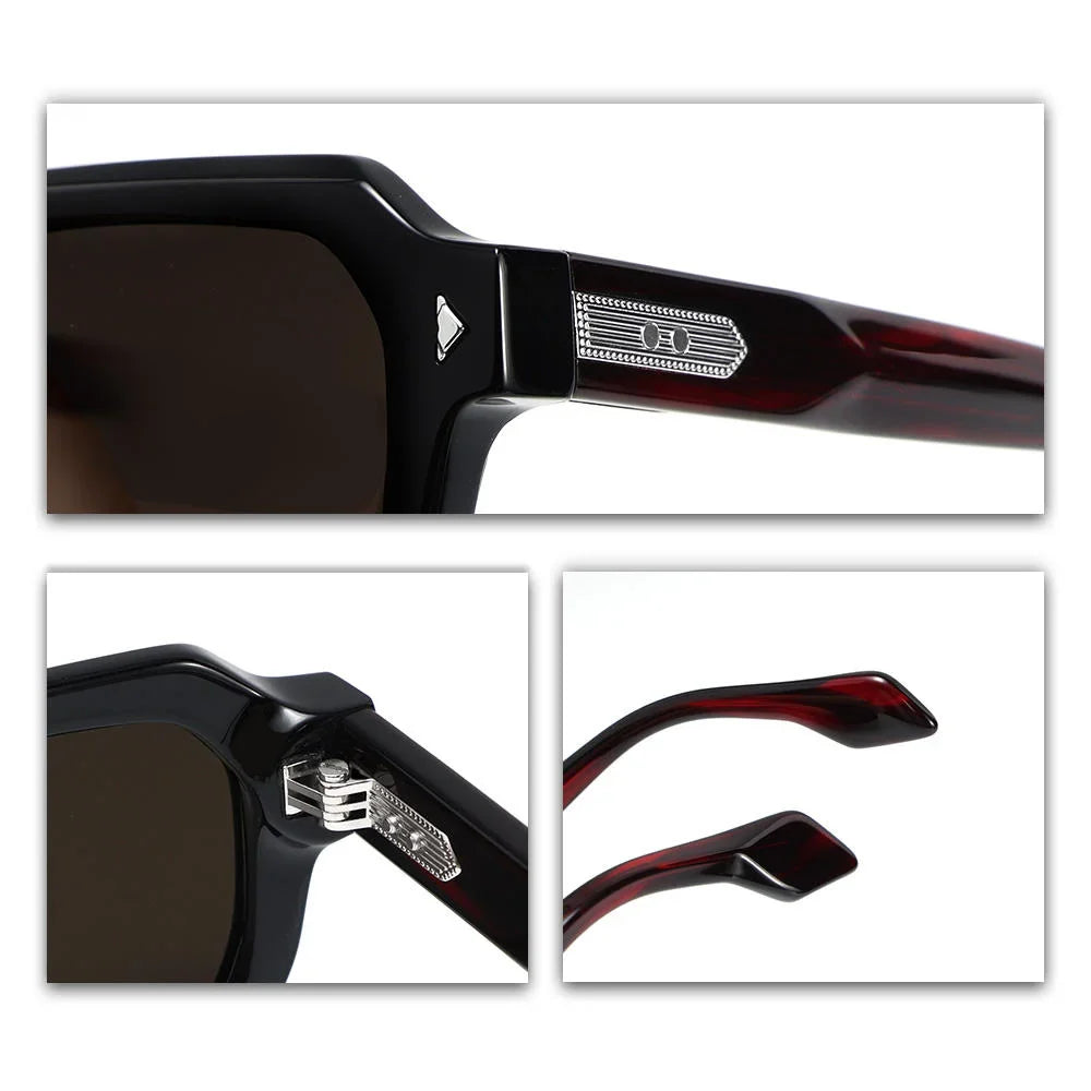 Designer Retro Rectangle Sunglasses Color Block Black Dark Red Temples UV400 Unisex Eyewear