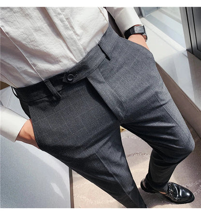 2026 High Quality Men's Plaid Striped Suit Pants Fashion Business Slim Fit Casual Straight Pants Formal Wedding Party Trousers