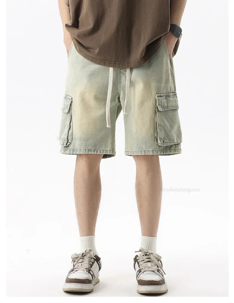 Summer Retro Fashion Denim Shorts for Men Loose Straight Leg Multi-pocket Short Jeans With Elastic Waist and Drawstring Male