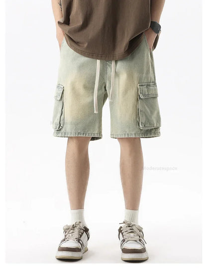 Summer Retro Fashion Denim Shorts for Men Loose Straight Leg Multi-pocket Short Jeans With Elastic Waist and Drawstring Male