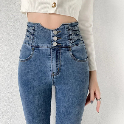 Skinny Pencil Y2K Jeans Four Buttons Vintage High Waist Women Slim Stretch Denim Pants Tight Trousers 2025 Women's Denim Pants