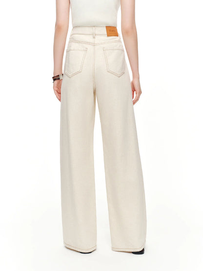 2024 Summer Women's White Linen Blend Embroidered Straight Leg Jeans - Elegant Casual Trousers for Daily and Summer Wear