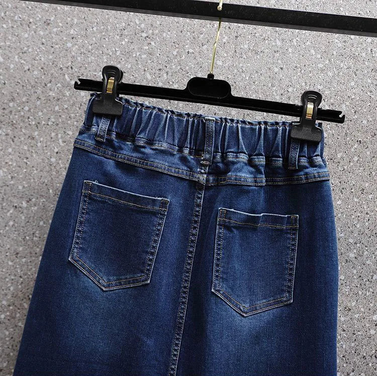 Summer New Women Elastic Waist Denim Skirts Korean Style Elegant Oversized High Waist Slit Skirts Mid Length Ladies Skirts