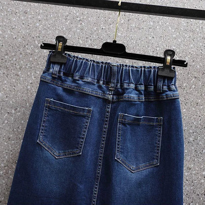 Summer New Women Elastic Waist Denim Skirts Korean Style Elegant Oversized High Waist Slit Skirts Mid Length Ladies Skirts