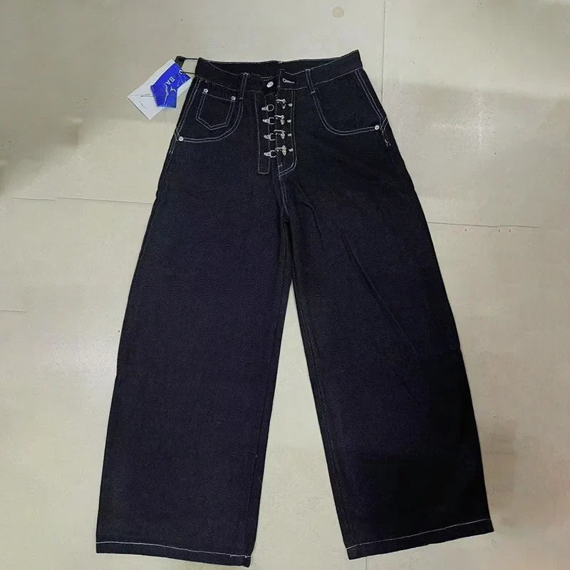 Street Retro Men's Jeans Straight Leg Pants Airplane Buckle Baggy Silhouette Curved Knife Jeans High Waisted Casual Denim Pants