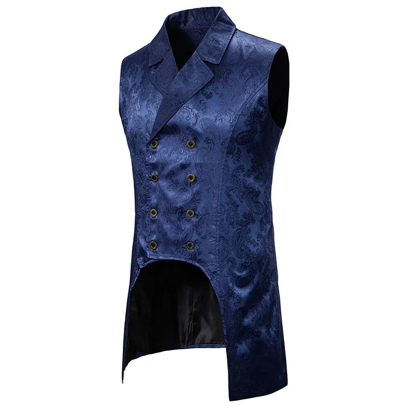 2026 Eur-Usa Fashion Elegant Jacquard Mid Length Tailcoat Vest for Men, Navy Blue Vintage Gothic Sleeveless Palace Men's Tuxedo