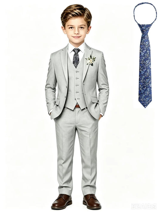 Boys Summer Linen Suit Set 4 Pieces Wedding Ring Bearer Outfit Casual Handsome Notched Lapel Tuxedo For Birthday Party 3-14T