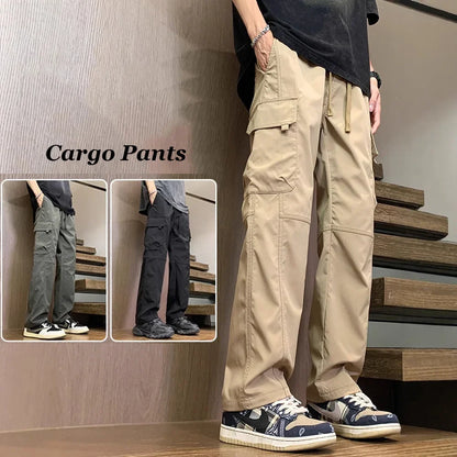 Summer Straight Cargo Pants Mens Multi-Pocket Work Casual Sweatpant Fashiom High Street Outdoor Casual Breathable Loose Trousers